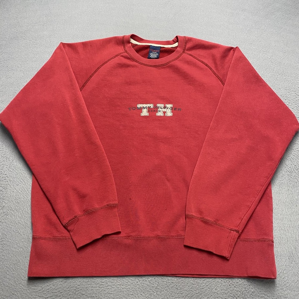 VTG Tommy Hilfiger Sweatshirt Mens Large Red TH Logo Crewneck Pullover 90s Y2k